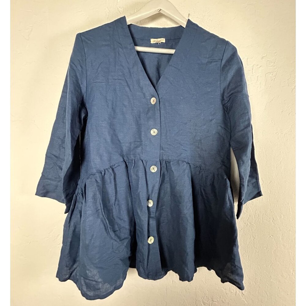 Jennifer & Grace Womens Blue Linen Blend Button-Down Tunic Top Medium 3/4 Sleeve